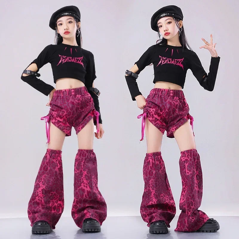 ملابس أداء رقص الجاز بدلات سرية ملابس بروفة المدرج للفتيات مجموعة من السراويل الوردية المطبوعة بطبعة الفهد لعمر 6-16 سنة #3