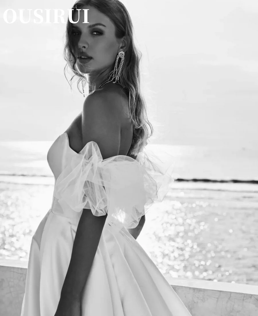 Ousirui Sexy Satijnen Trouwjurken Lieverd Strandbruid Jurk Off Shoulder Wit/Ivoor Ruches Bruidsjurken Vestidos De Novia