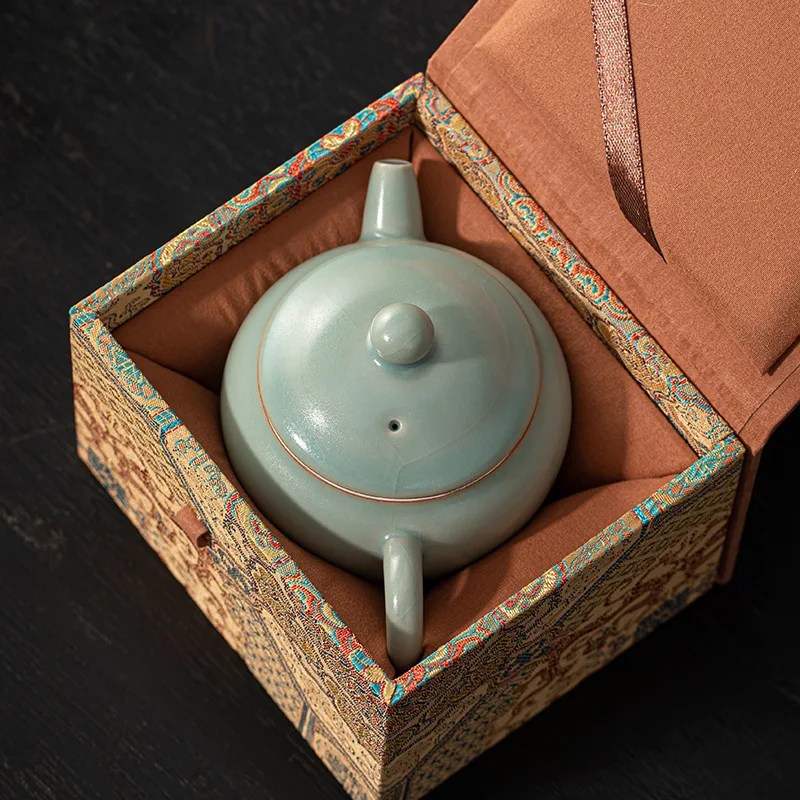 Ru Ware Teapot Single Xi Shi Pot Gracked Glaze Supportable Set Household Ru-Porcelain Azure Gift Box