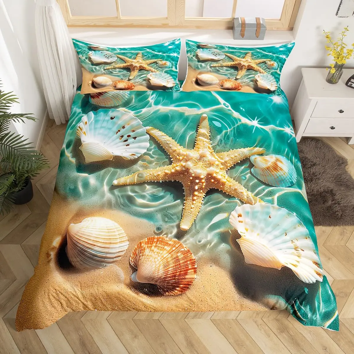 Beach Starfish Duvet Cover Twin Cute Ocean Creatures Bedding Set Tropical Beach Sea Shells Print Comforter Cover with Pillowcase