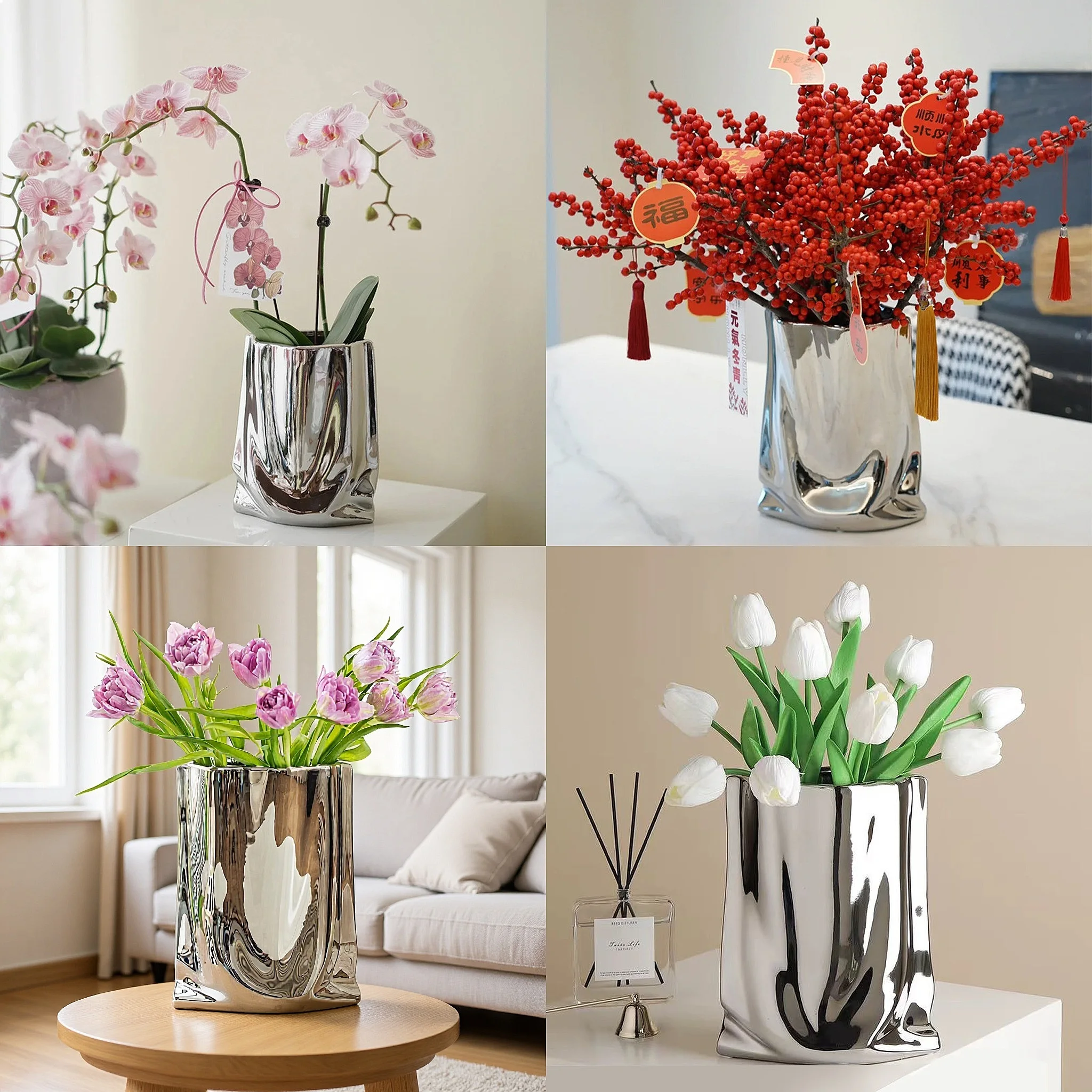 Creative Silver Ceramic Vase Paper Bag Design Luxury Orchid Tulip Hydroponic Container Home Decor  Home Decoration