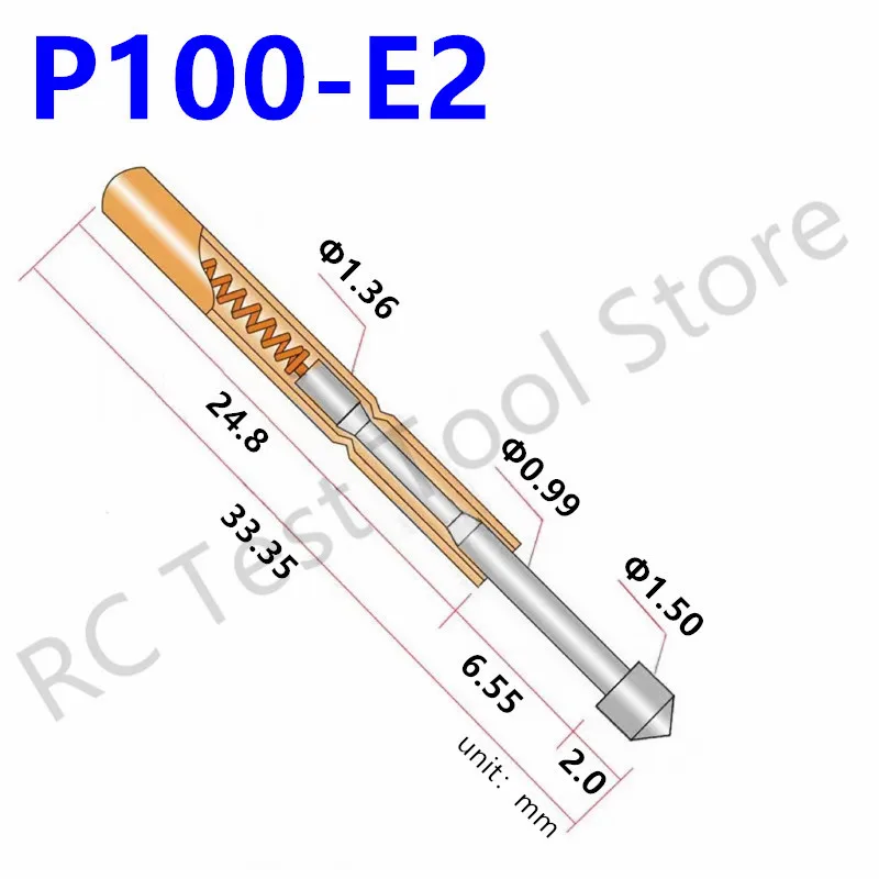 

100PCS P100-E2 Spring Test Probe Pogo Pin P100-E Test Pin Needle Head Dia 1.5mm For Testing Tools Length 33.35mm Dia 1.36mm