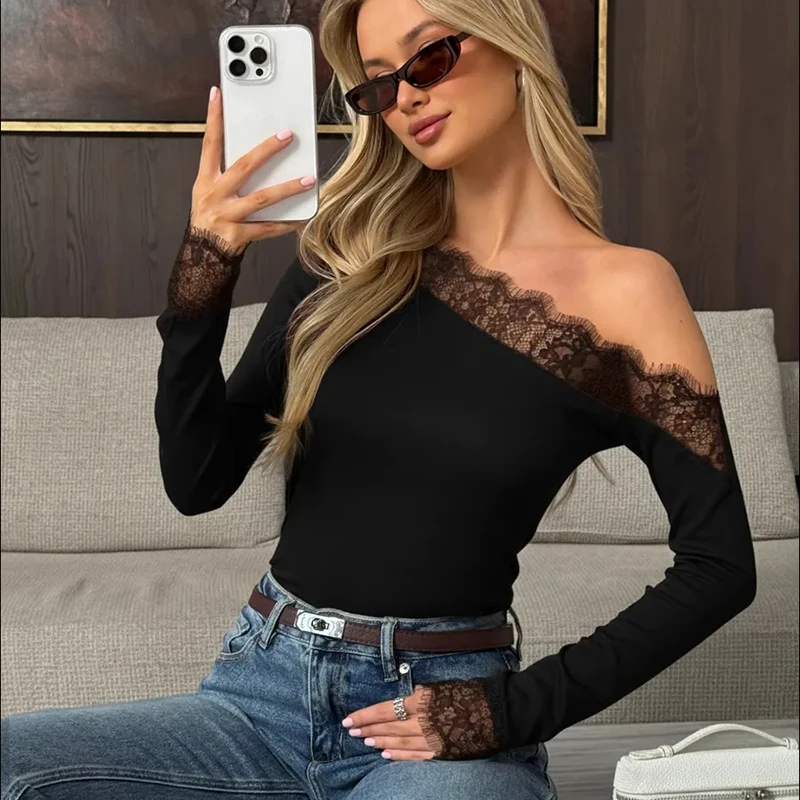 Women's One-Shoulder Lace Slim Long Sleeve T-Shirt Top