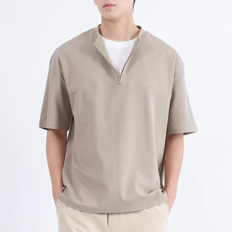

TFETTERS 2025 Summer New Fashion Short Sleeve T-shirt Men Loose Fit Men Tshirt with Zipper Collar Fake Two-piece Tops for Men