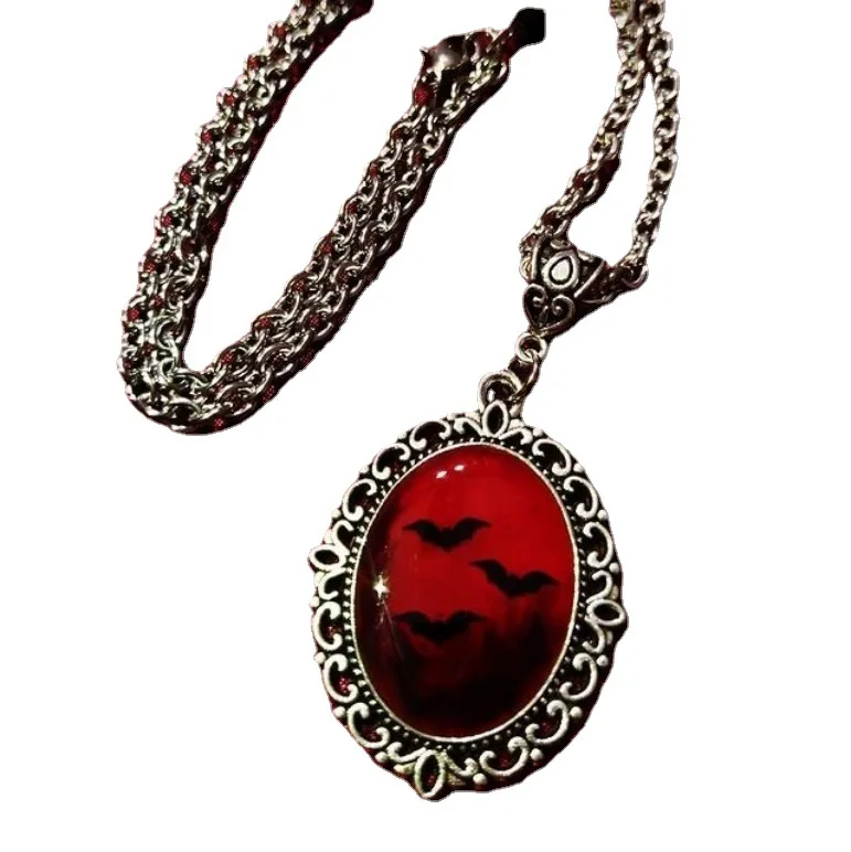 Gothic Blood Red bat Charm Necklace Oval Pendant Necklace For Women Halloween Vampire Embossed Witch Jewelry Vintage Chokers