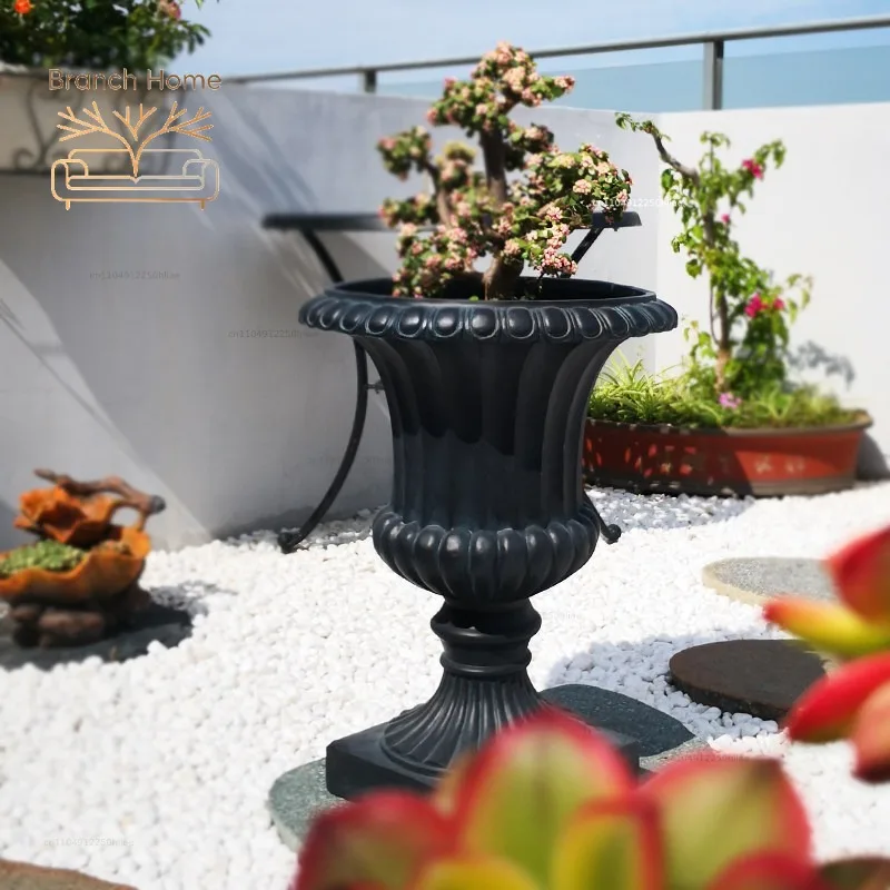 FRP flower pot black retro high-foot pot outdoor garden villa door decoration classical Roman ornament
