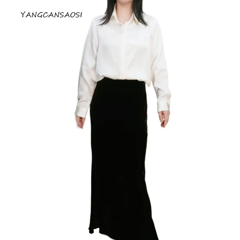 

Женская модная весенне-осенняя новая универсальная пригородная рубашка из 100% натурального шелка тутового шелка с жемчугом и отложным воротником с длинными рукавами