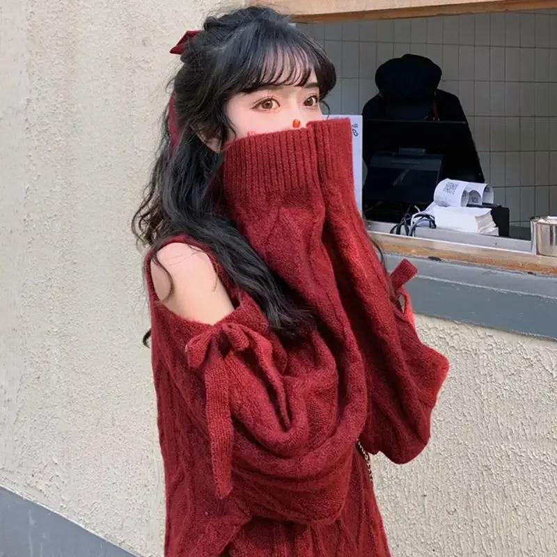 2025 New Spring Korean Style Knit Off Shoulder Turtleneck Sweater Women Fashion Long Sleeve Wine Red Loose Streetwear Women