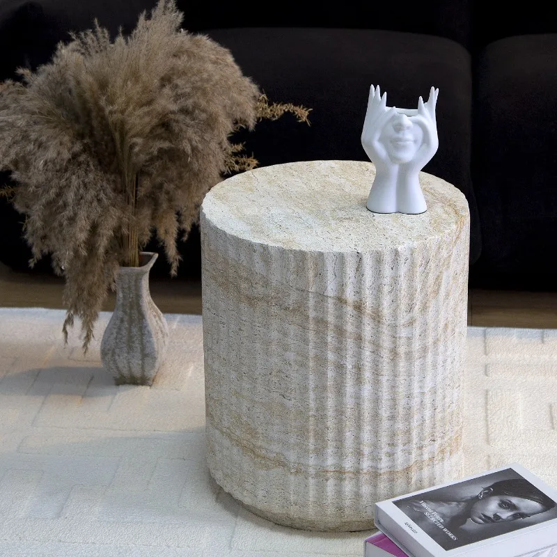 Modern Roman Column Side Table Stone-Look Round Coffee Table for Hotel Classical Nightstand for Bedroom Vintage End Tables