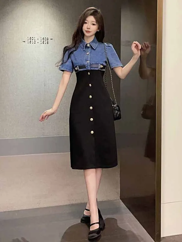 2024 Summer Fake Two Piece Denim Splicing Polo Neck Single Breasted Short Sleeve Dress Women Cinching Waist Slim Long Dress 02FB