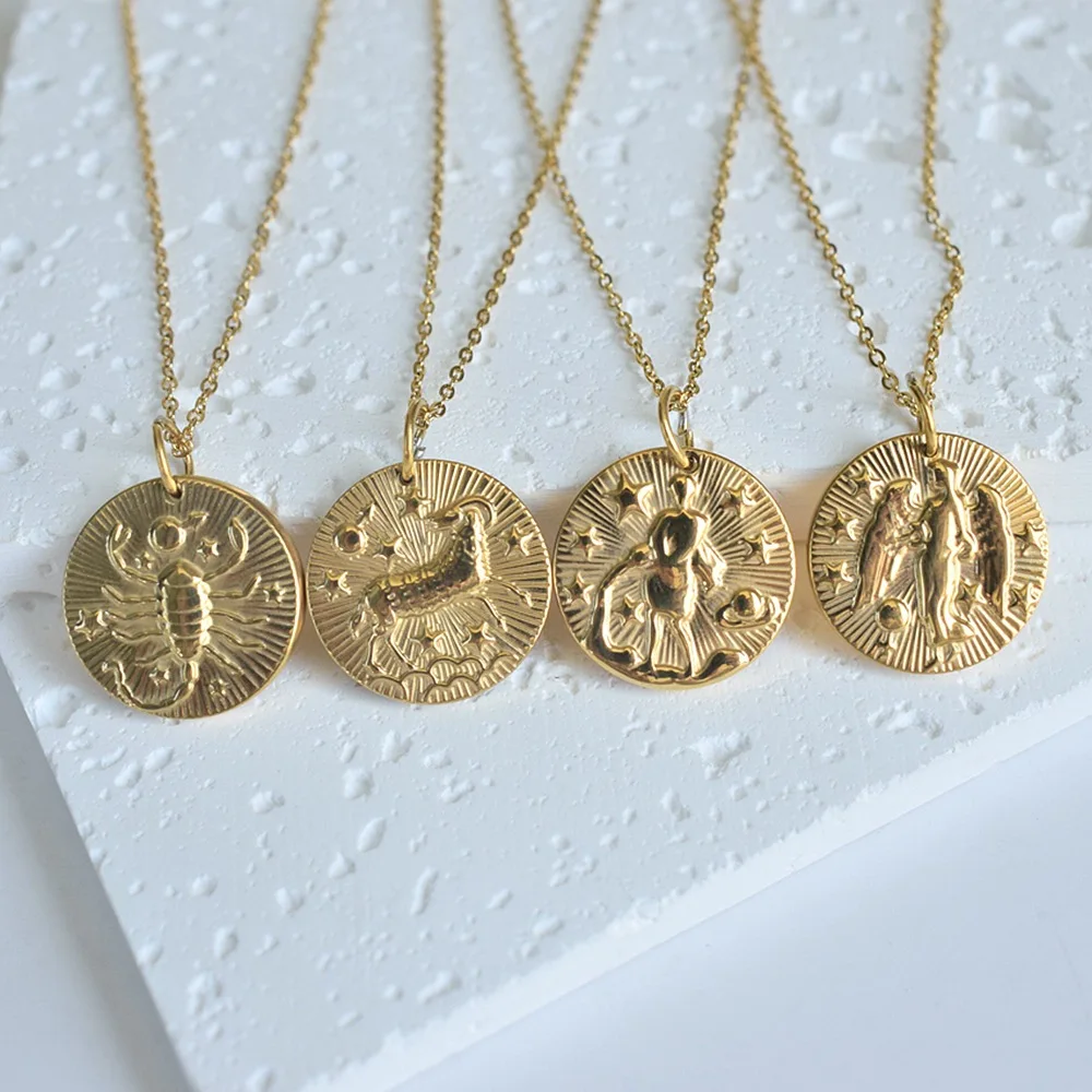 Women's 12 Constellation  Pendant Necklace Stainless Steel Gold Plated Zodiac Necklace Horoscope Necklace