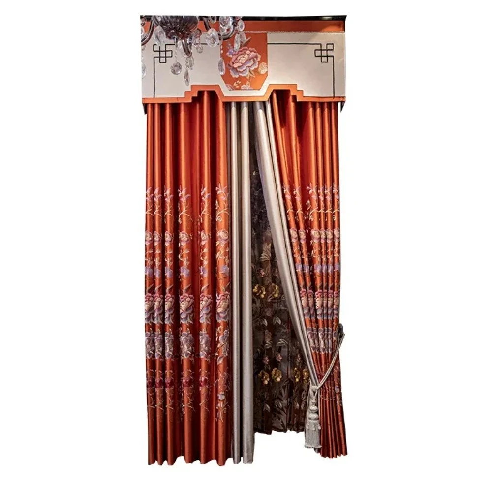 New Chinese Embroidery Window Screen Orange Gloss Blackout French Window Curtains for Living Room Bedroom Customized Valance