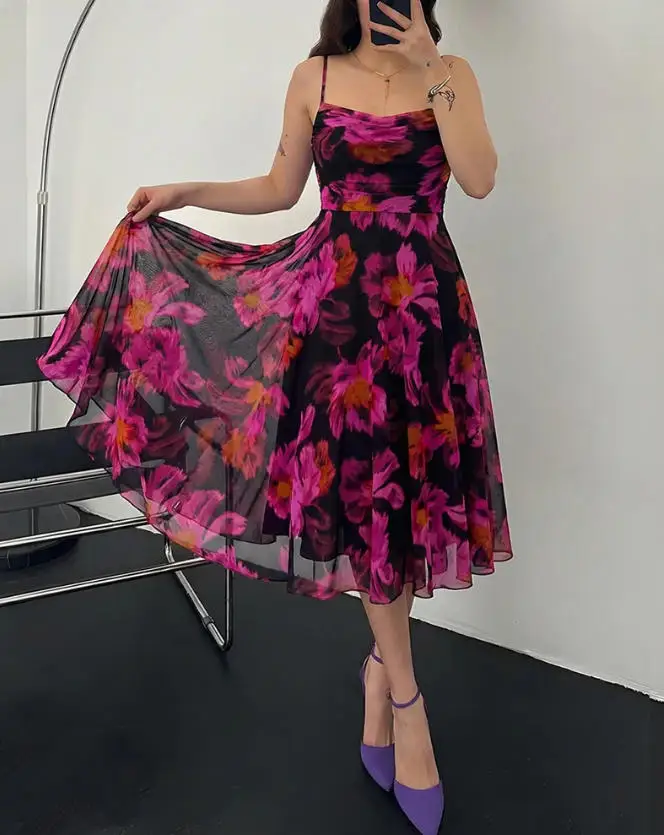 

Women's Dress Summer New Sexy Elegant Floral Print Mesh Patchwork V-Neck High Waisted Backless Sleeveless Suspender Dress