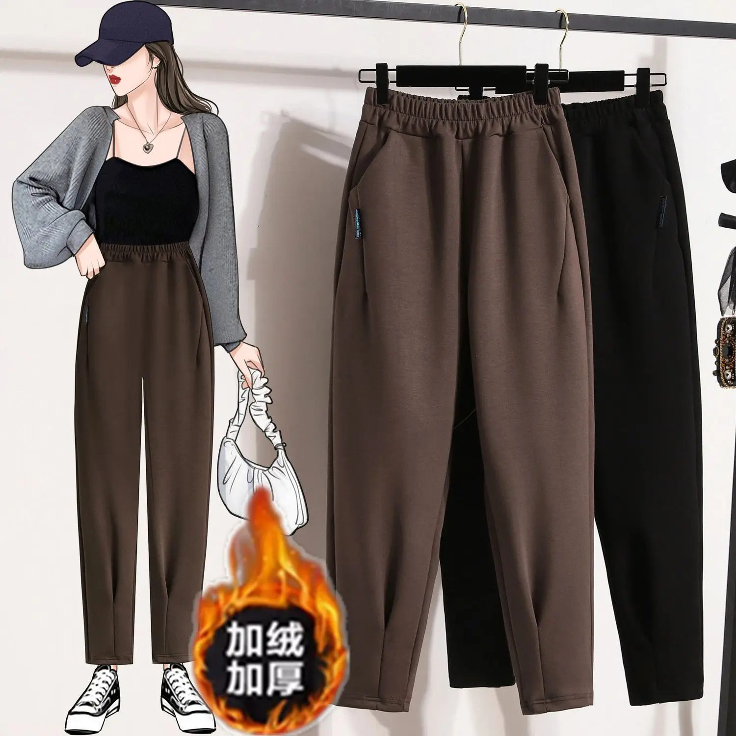 

Женские утепленные флисом брюки больших размеров с высокой талией, скрывающие недостатки фигуры, фасона «морковки» и «харлан», для весны, осени и зимы