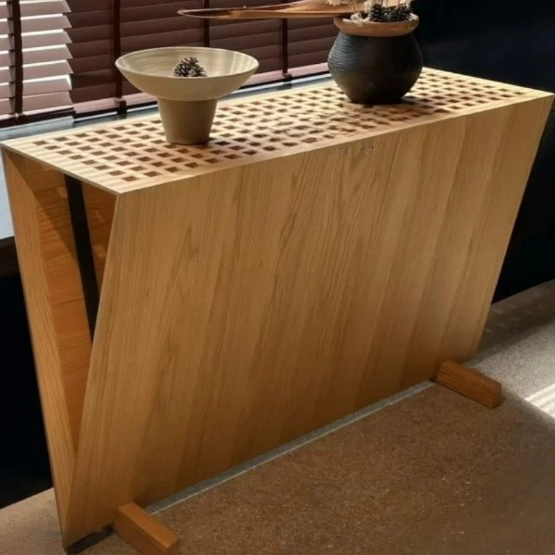 Medieval wabi-sabi wind simple log color inverted triangle entrance table solid wood Italian creative dining side cabinet design