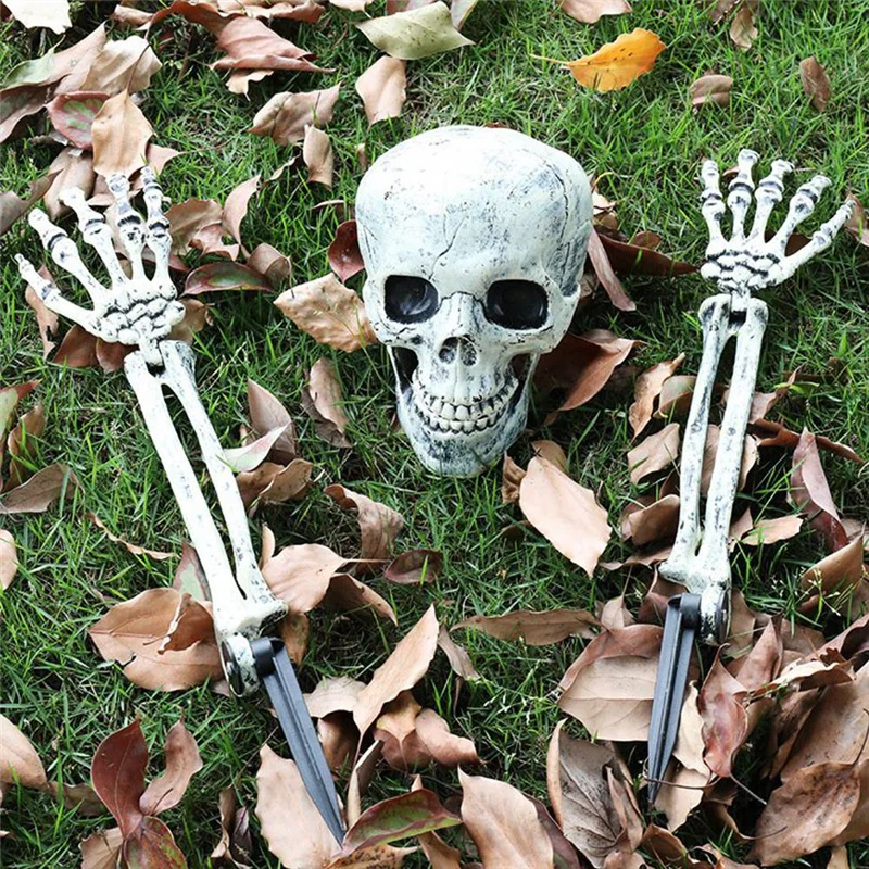 

1Set Halloween Realistic Skull Skeleton Head Human Hand Arms Plastic Halloween Decor For Halloween Party Home Garden Lawn Decor