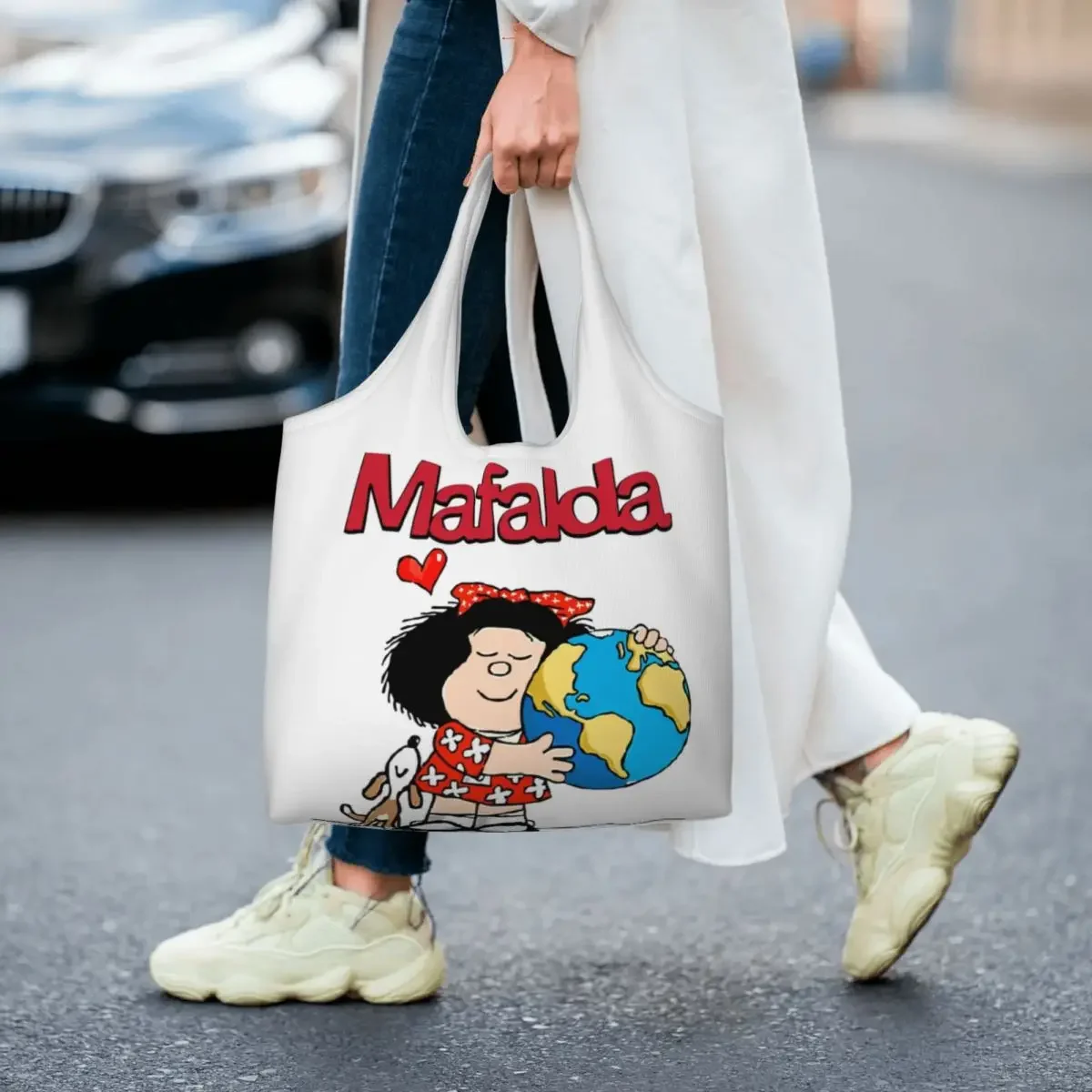 Bolsas de compras personalizadas de Mafalda World And Her Puppy, bolsas de lona para compras, bolsos grandes de hombro, capacidad duradera, bolso de cómic Quino