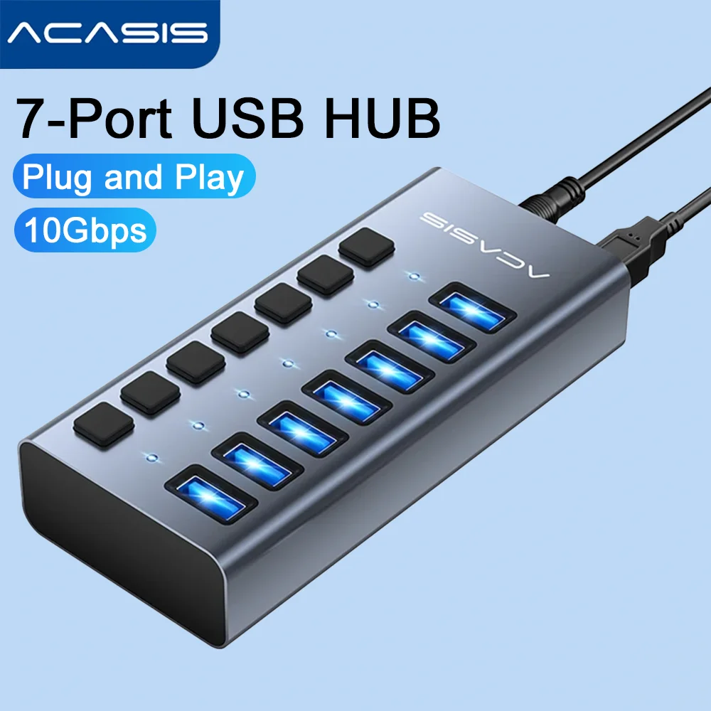 Acasis USB 3.2 10Gbps 7 Ports USB Hub Splitter Extender with Individual Switch Docking Station For Data Transfer and Charging