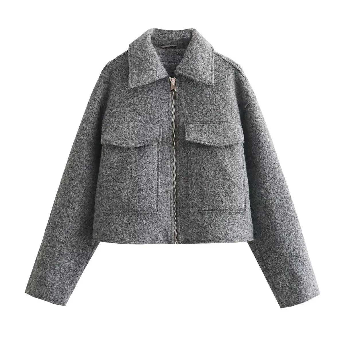 Autumn and Winter Street Fashion Gray Lapel Jacket European and American 2023 Short New Woolen Women's Cross-border