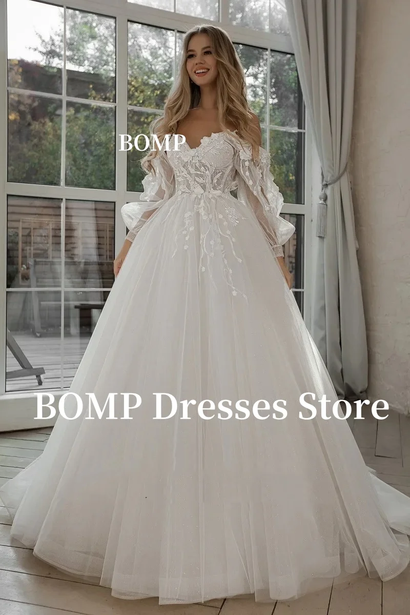 BOMP 웨딩 드레스 퍼프 슬리브 아플리케 레이스 3D 꽃 오프 어깨 Tulle 신부 가운 Customized vestidosdenovia