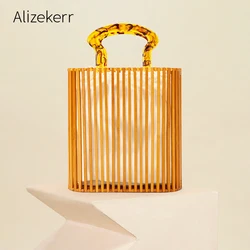 Vintage Woven Bascket Beach Bag Women 2022 Summer Hollow Out Acrylic Handle Bamboo Straw Day Clutches Handbag Bohemia Holiday