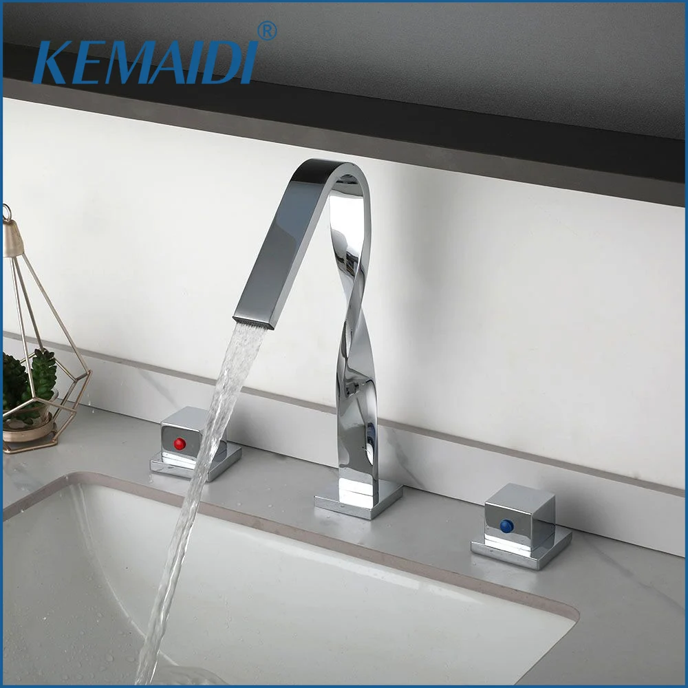 KEMAIDI Bathroom Basin Sink Faucet Artist Spout Solid Brass Bathtub Faucets Hot Cold Water Mixer Tap Dual Handle Waterfall Taps