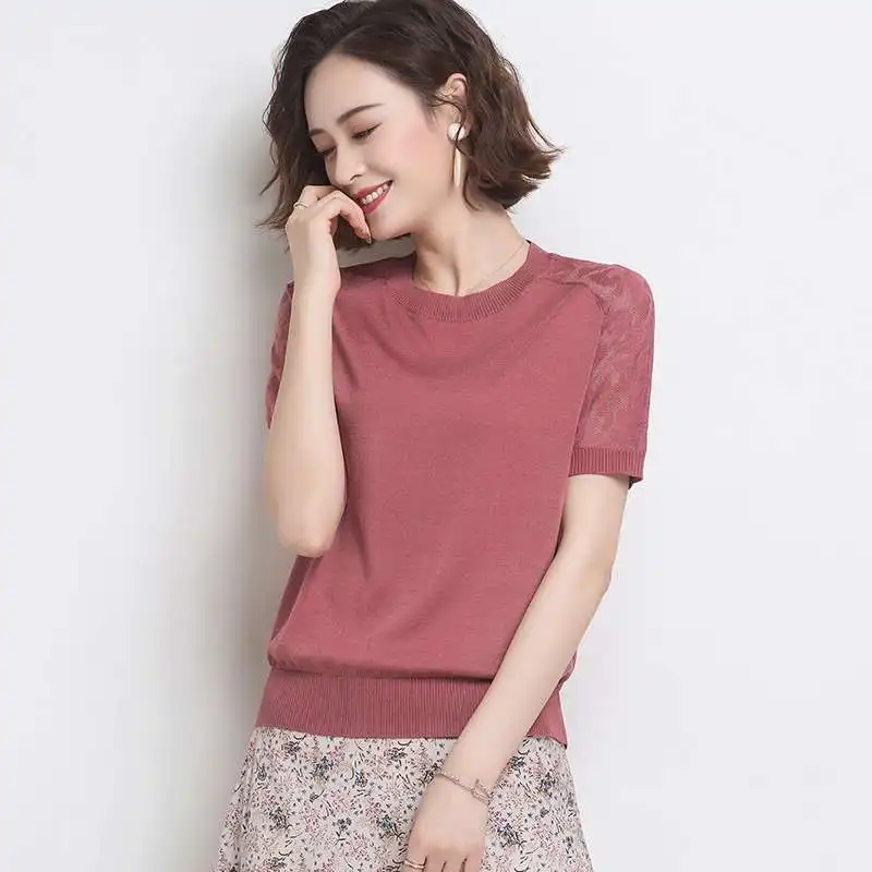 Women's Beautiful Ice Short-Sleeved T-Shirt V-Neck Lace Detail Super Short Length Pure Color Middle-Aged Mom Fashionable Spri...