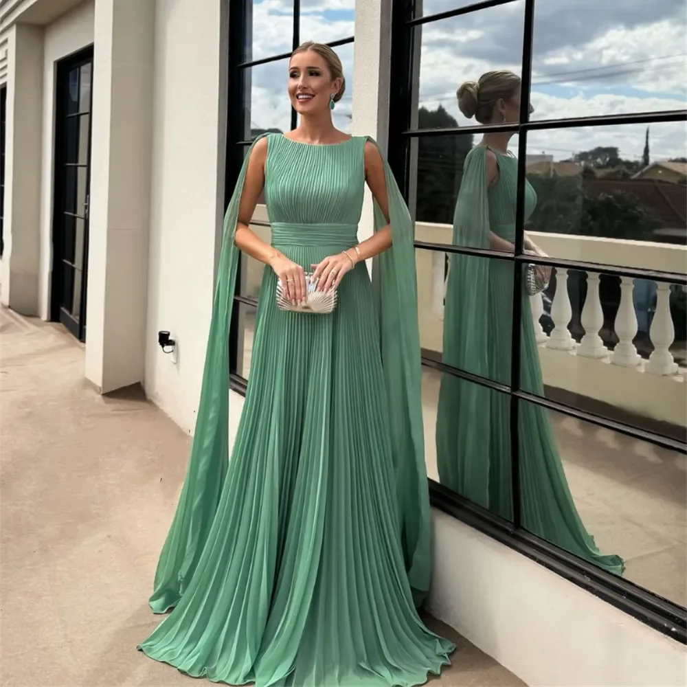 

Customized Elegant Women's Evening Dresses With Cape Backless A Line Formal Gown Pleats Chiffon Special Occasion Dress Vestidos