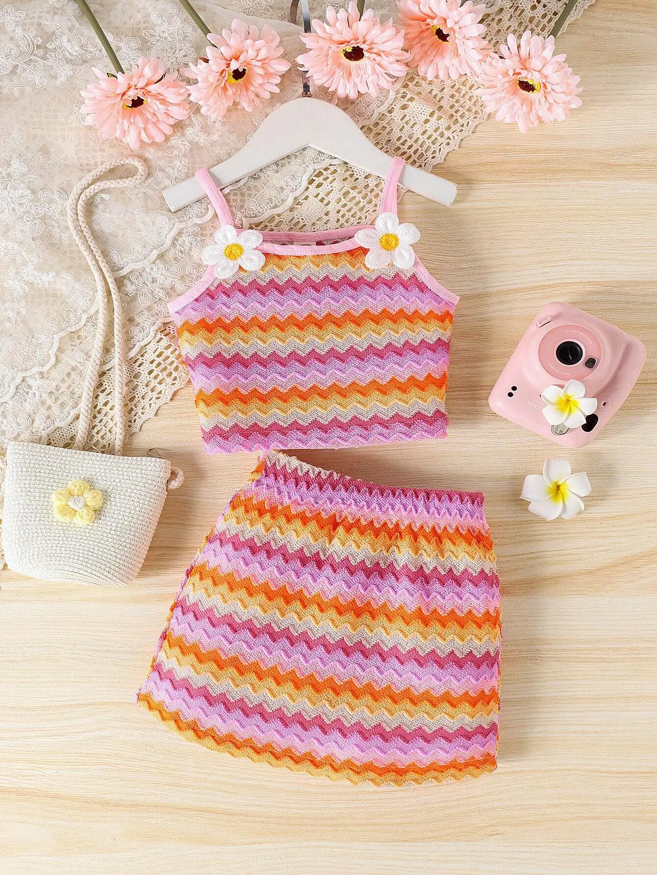 

2pcs Set Women Casual Knitted Camisole And Skirt Set Summer