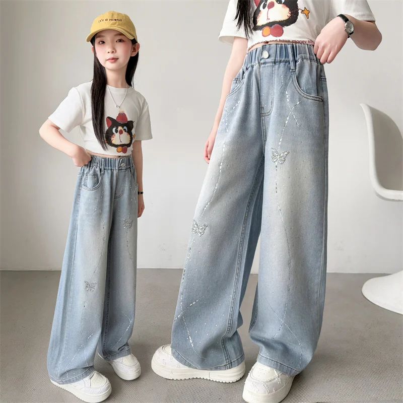 Summer Teens Girls Wide-Leg Jeans With Hotfix Rhinestone Kids Sequin Butterfly Pants Children's Long Trousers 6 8 10 12 14Years