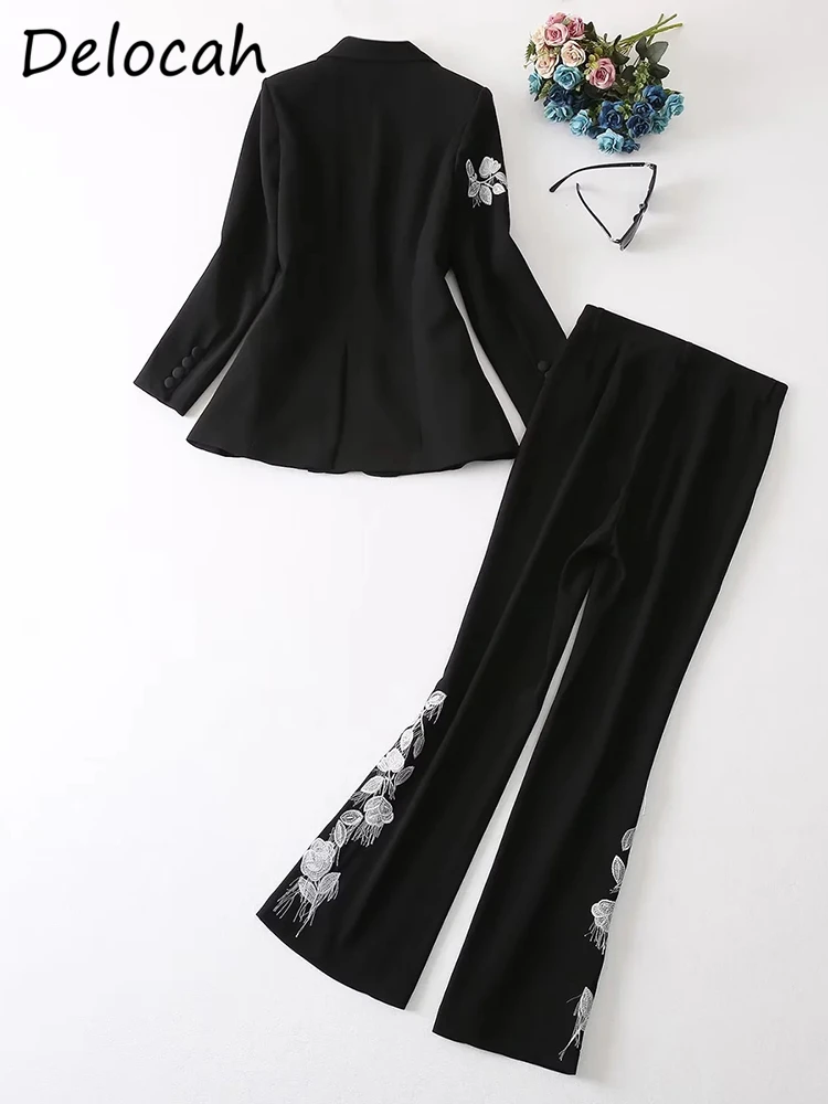 Delocah High Quality Autumn Wome Fashion Designer Pants Sets Long Sleeve Slim Jacket + High Waist Embroidery Long Pants Suits