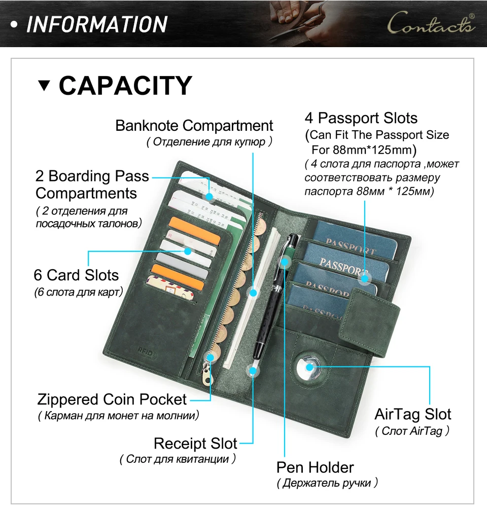 Familien-Passporttasche aus echtem Leder mit Anti-Verlust-Airtag-Etui, Reisepasshülle für Karten, Stifthalter, Reisepass, Reise-Clutch – Detail 10