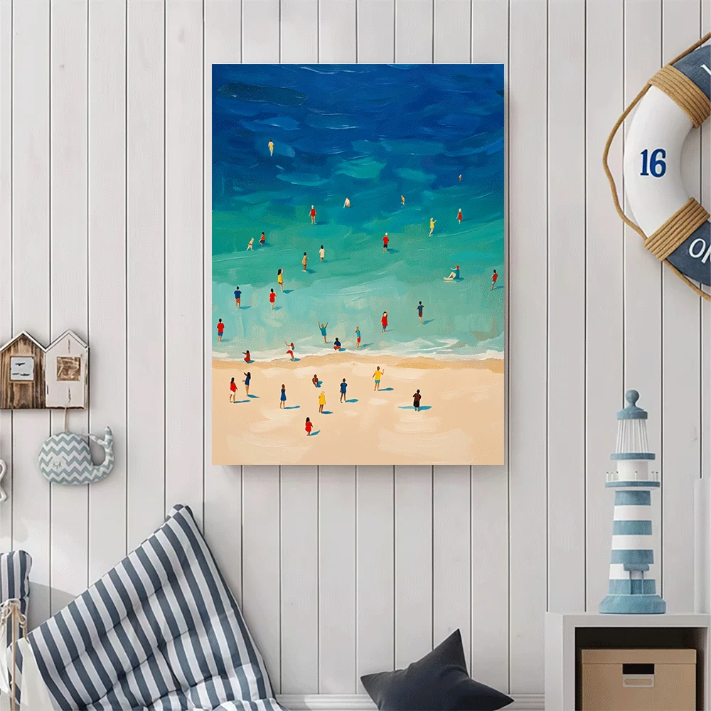 1PC-Unframed Canvas poster wall decoration  Beach Scene Summer Ocean People Water Painting Art Print