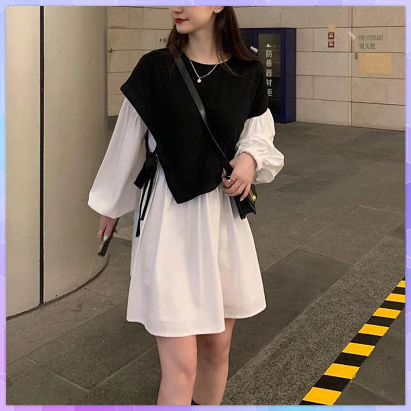 Elegant Fake Two Piece Lantern Sleeve Dress For Women's Knee-Length Spring Casual Vestidos Korean Style All-Match Dresses