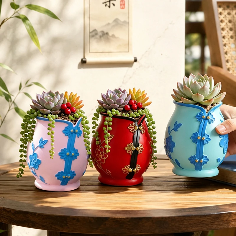 Vintage Cheongsam Resin Succulent Pot Chinese Style Embossed Flower Container Desktop Ornament Balcony Home Gardening Gift