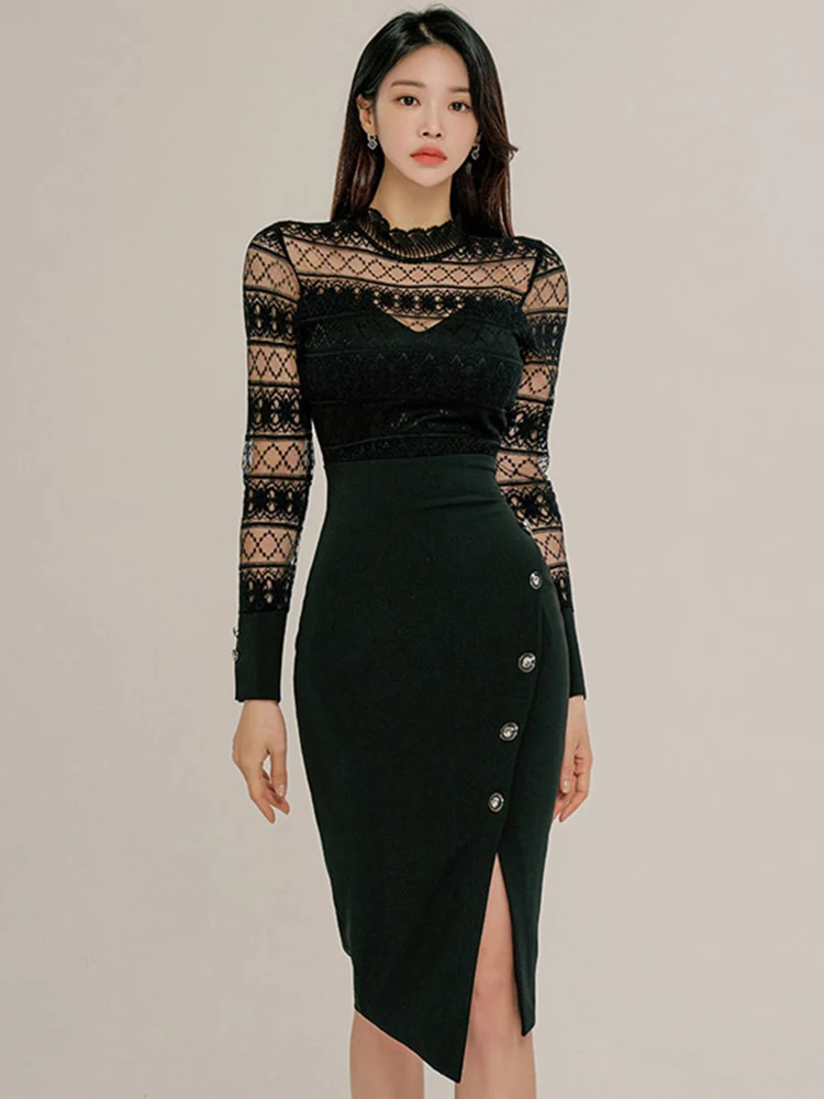 Vintage Elegant Formal Fake 2 Piece Dress for Women Retro Sexy Sheer Lace Single Breasted Slit Robe Work Party Mujer Vestidos