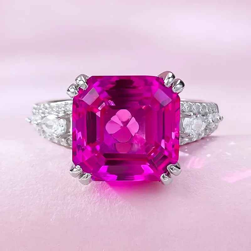 

Asscher Cut Ruby Diamond Ring 100% Real 925 Sterling Silver Party Wedding Band Rings for Women Bridal Engagement Jewelry Gift