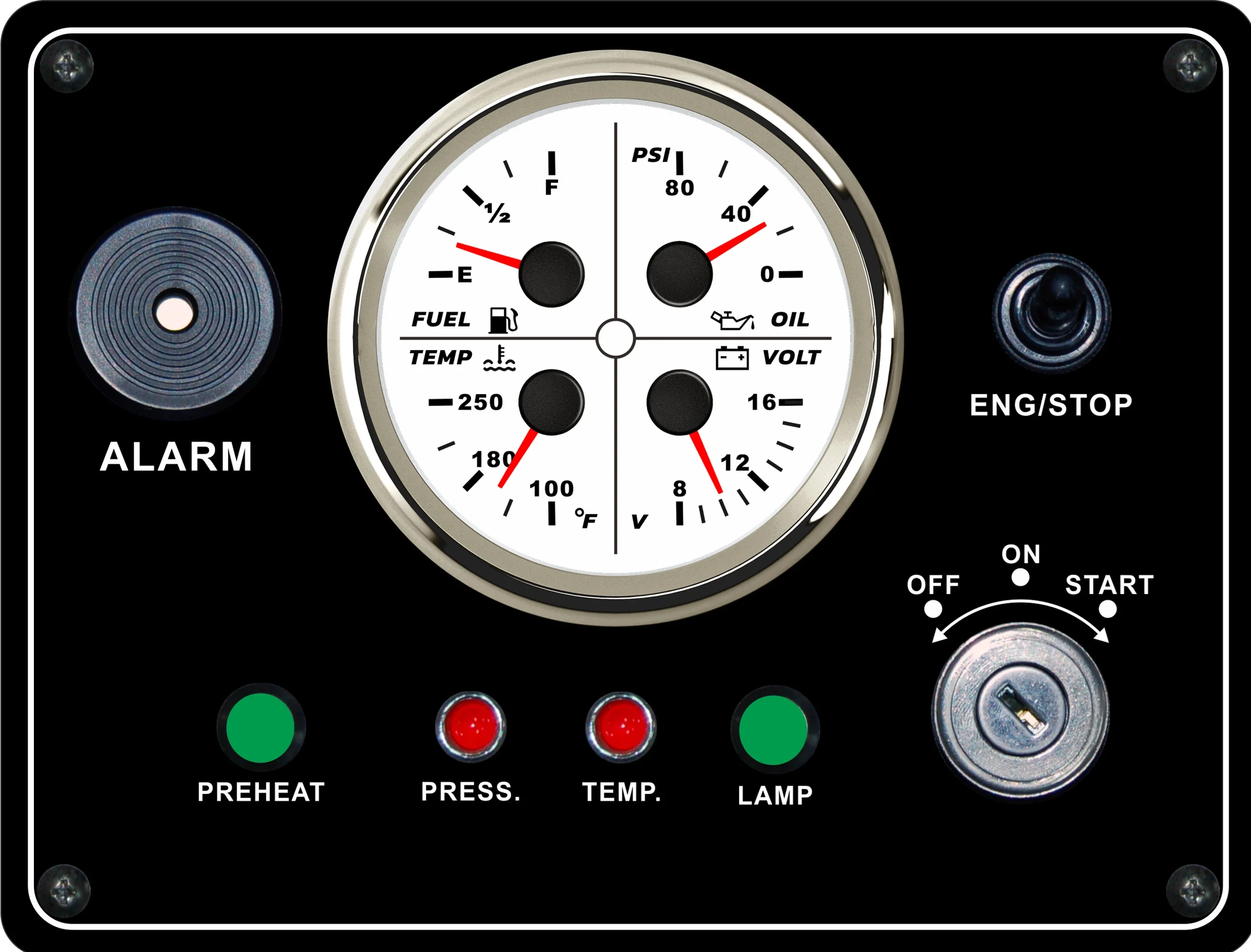 

New Multifunction Instrument Panel with 4 in 1 Gauge Fuel Level Water Temp. Oil Pressure Voltmeter 210*160 mm for Boat Car 12VDC