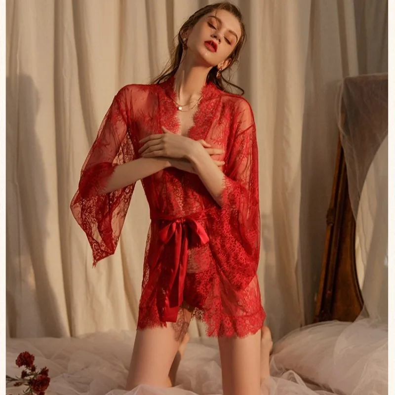 

Top Fashion Transparent Lace Pajamas Sexy Lingerie Mesh Pajamas Dress Sexy Printing Lace Night Dress Women Nightgowns Sleepwear