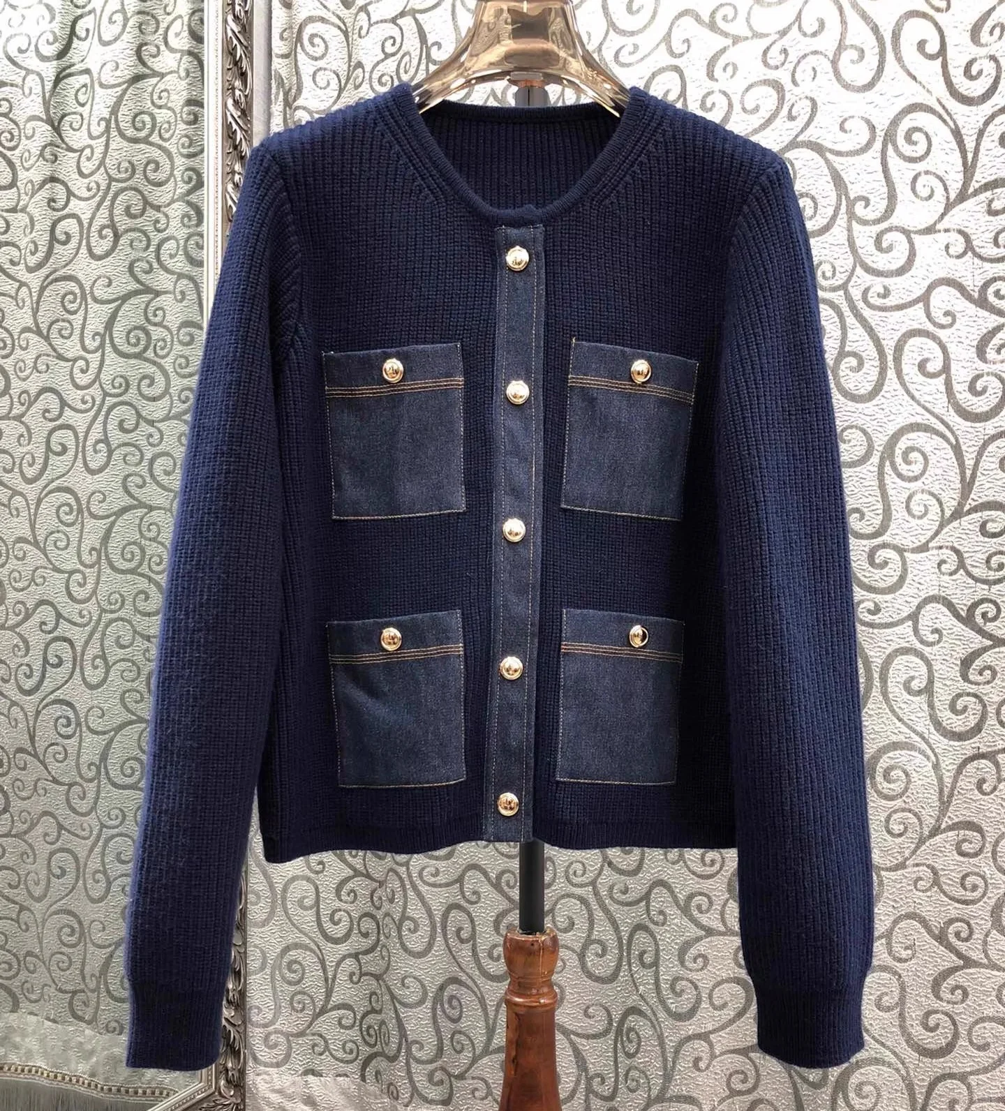 

High Quality New Fashion Cardigans 2025 Autumn Winter Clothes Women Denim Knitting Patchwork Long Sleeve Dark Blue Cardigans