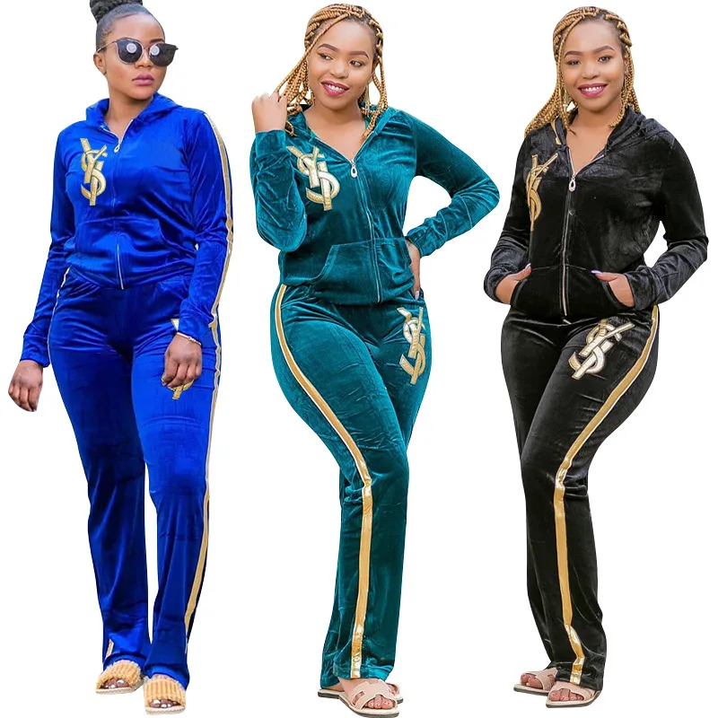 Velvet cardigan embroidered embroidery fashionable casual two-piece set plus size women\'s suit