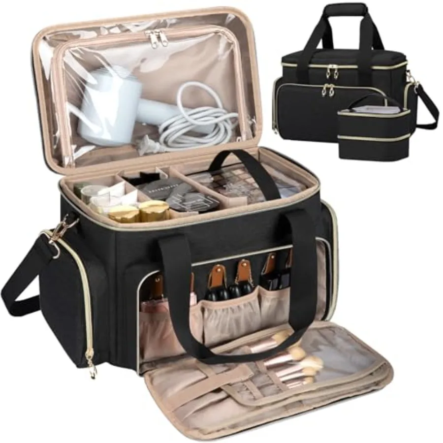 

Large Makeup Bag, Portable Travel Makeup Bag Organizer for Women Girls with 2 Removable Pouches and Detachable Dividers, Cosmet