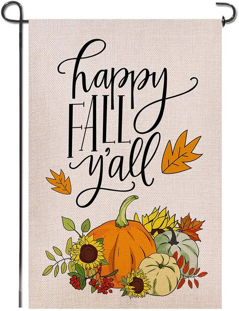 Happy Fall Yall Welcome Double Sided Burlap Garden Flag, Sunflowers Pumpkins Autumn Maple leaves Seasonal Thanksgiving Outdoor S