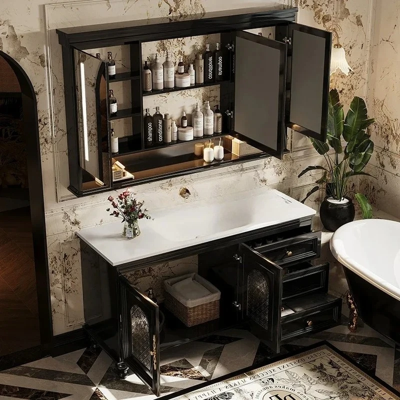 Mobile da bagno francese dal pavimento al soffitto in rovere retrò, combinato lavabo da bagno