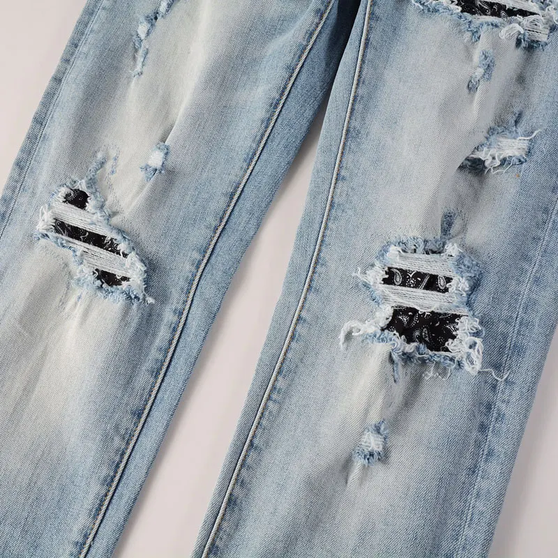 Hombre Fashion New Men's Jeans Cashew Flower Patch Washed Nostalgic Stretch Slim Fit Retro Light Blue Jeans y2k