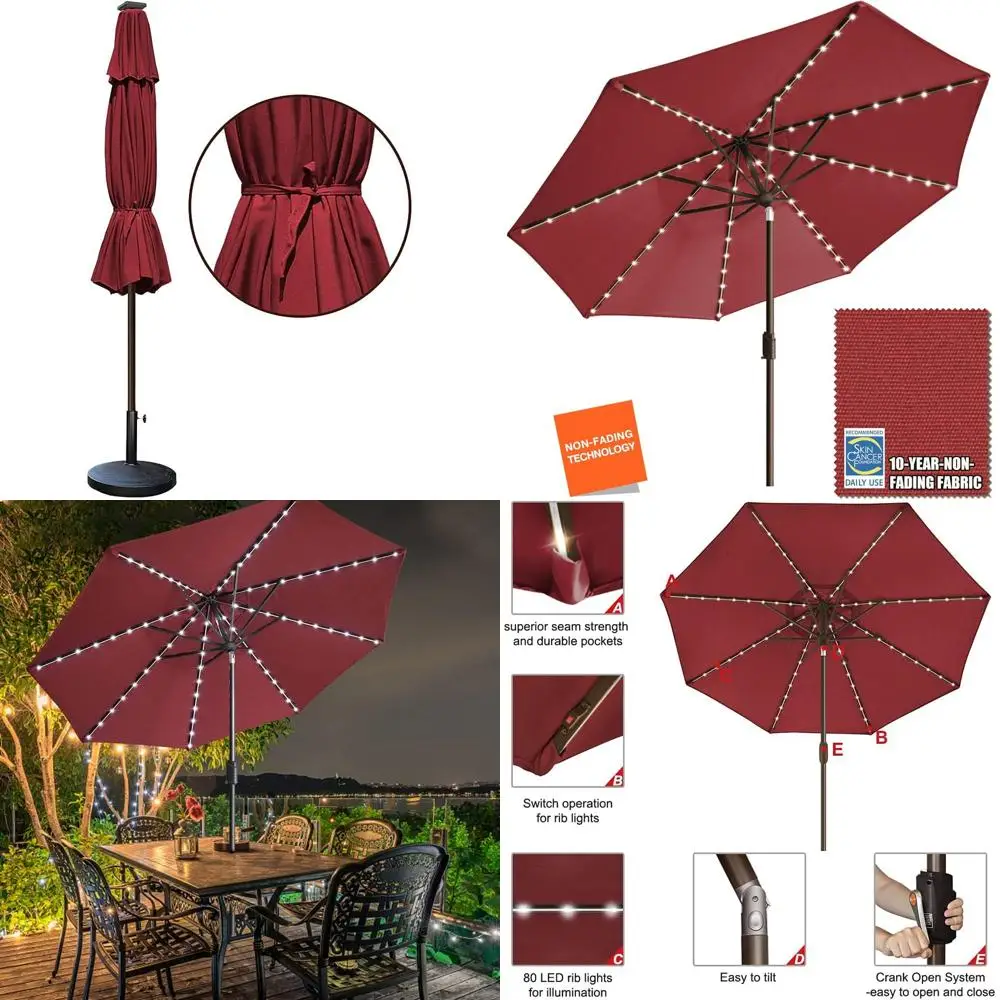 

10-футовый нелиняющий зонт для патио на солнечных батареях со светодиодной подсветкой и вентиляцией, бордовый