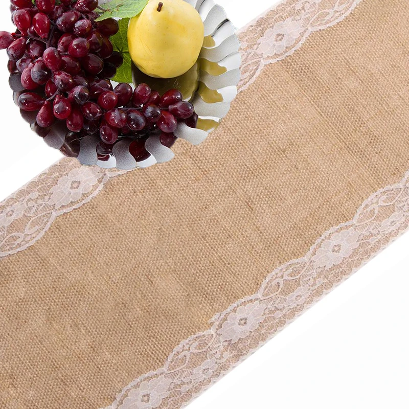 Holaroom Vintage Retro Burlap Linen Jute Event Party Supplies Wedding Christmas Table Cloth Tablecloth White Lace Table Runner