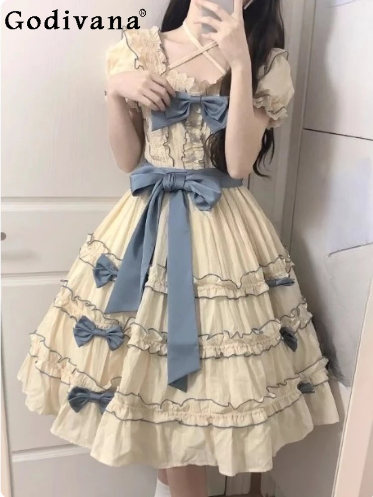 

Spring Summer New Elegant French Lolita Princess Dress Fashion High Waist A-line Sweet Bow Square Neck Short Sleeve Girl Dresses