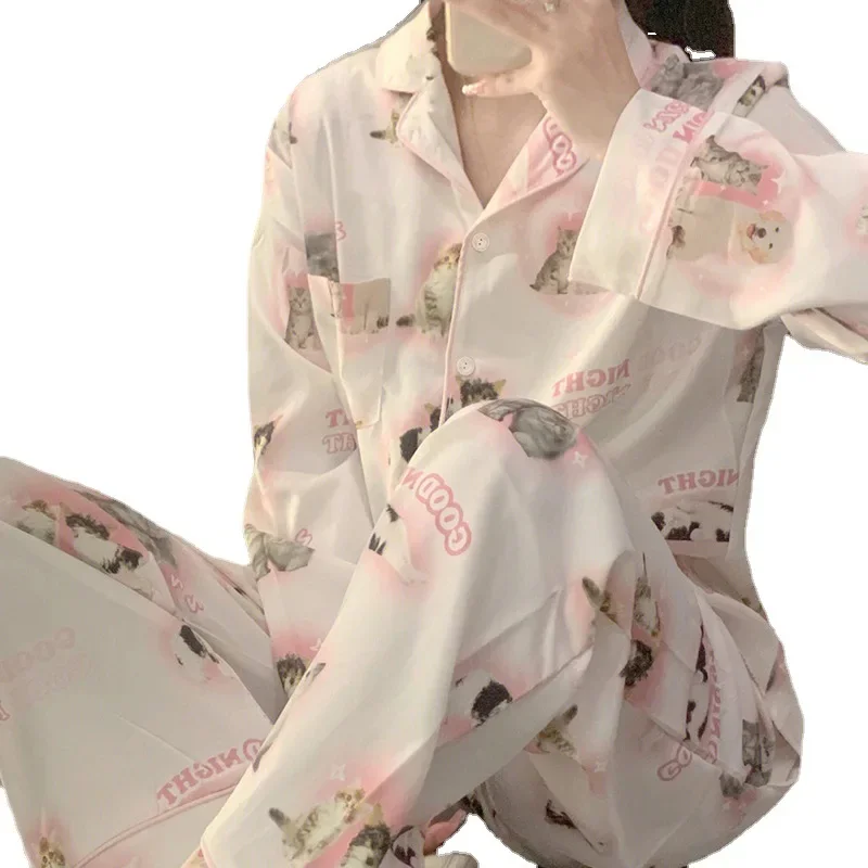 High Quality Ice Silk Cute Cat Print Summer New Thin Pajamas Female Spring Summer Silk Homewear Set Nightwear Sleepwear nightie