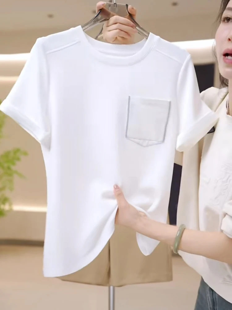 قميص صيفي جديد ناعم ومريح من القطن برقبة مستديرة وأكمام قصيرة مع تصميم جيب، قميص أساسي بأسلوب عملي على الطراز الكوري بقصة مست...